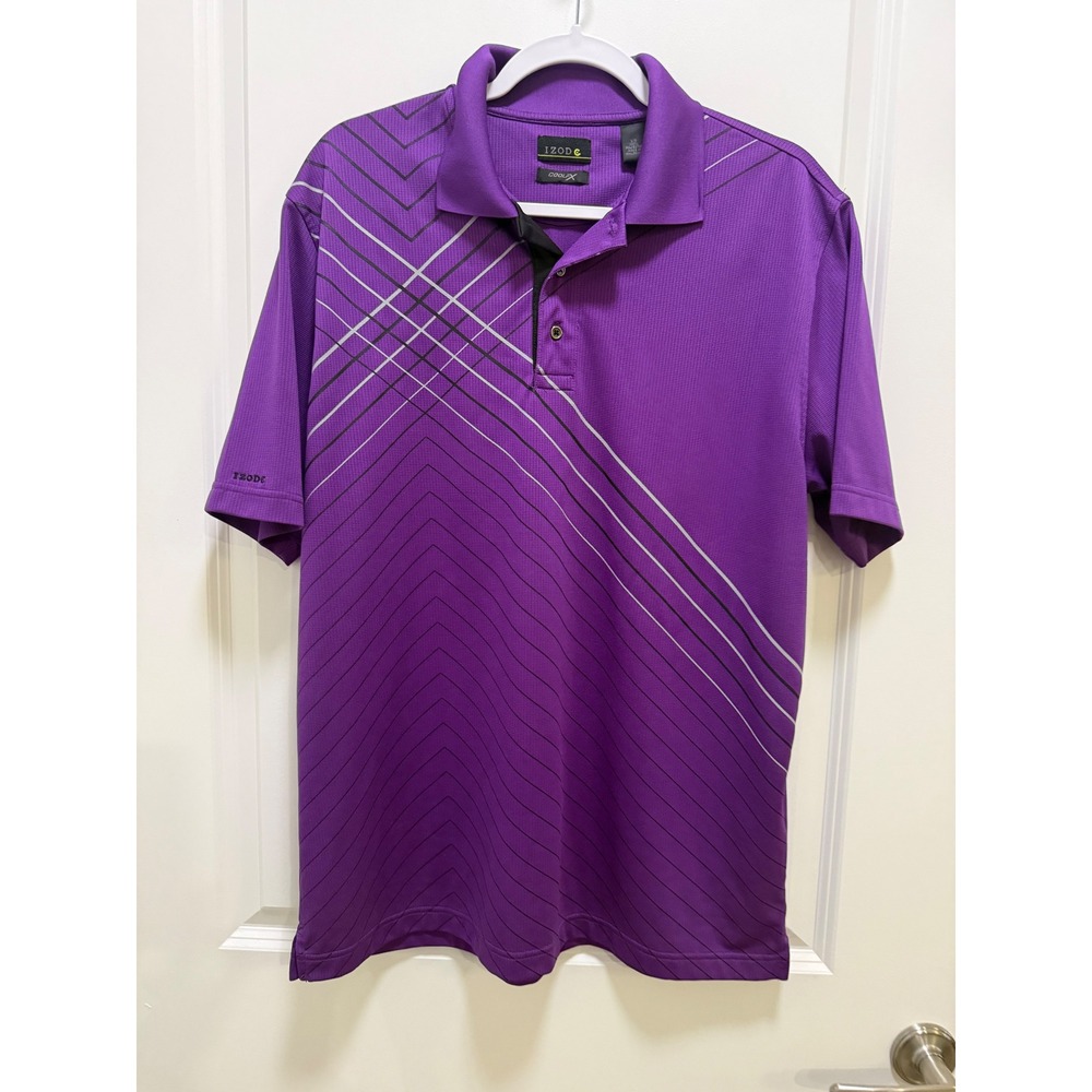 IZOD‎ Mens Cool FX Performance Polo Shirt Purple Geometric Chevron Graphic Large
